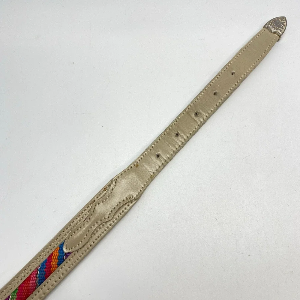 Vintage Southwest Style Belt Engraved‎ Buckle Rainbow Woven Fabric Beige Leather